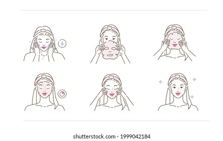 Beauty girl take care of her face and applying facial sheet mask. Skincare instruction. Daily skin care routine, hygiene and hydrating concept. Flat line vector illustration and icons set.