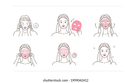 Beauty girl take care of her face and applying facial sheet mask. Woman making skincare procedures. Skin care routine, hygiene and moisturizing. Flat line vector illustration and icons set.