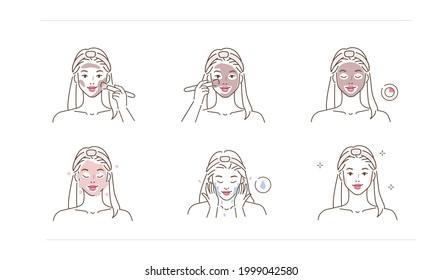 Beauty girl take care of her face and applying facial clay mask. Skin cleaning procedure. Daily skin care routine, hygiene and exfoliating concept. Flat line vector illustration and icons set.