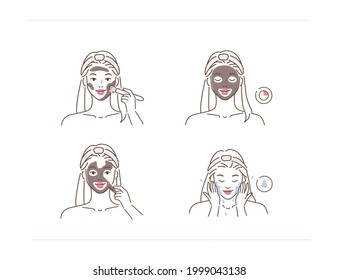 La chica de belleza cuida su cara y aplica máscara facial de carbón. Procedimiento de despegado de la piel. rutina diaria de cuidado de la piel, higiene y concepto exfoliante. Ilustración vectorial de línea plana y conjunto de iconos.