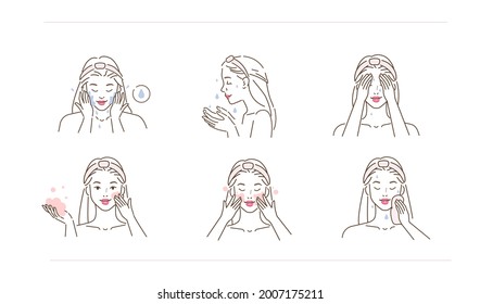 Beauty girl take care of her face and use cleansing skin products. Woman making skincare procedures. Facial cleaning concept. Flat line vector illustration and icons set.