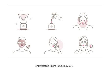 Beauty Girl Take Care Of Her Face. Instruction How To Use Facial Sauna And Cleansing Mask For Skin Pore Cleaning. Flat Line Vector Illustration And Icons Set.