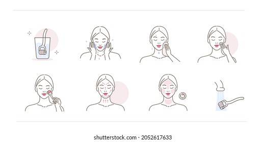Beauty girl take care of her face and doing mesotherapy procedure at home. Instruction how to use derma roller with microneedles. Flat line vector illustration and icons set.