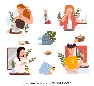 Beauty Girl Take Care of her Face and Applying Cosmetic Serum Oil. Women making facial massages, self care routine, moisturizing and hygiene, natural herbal products