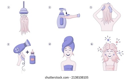 Beauty Girl Take Care Of Her Hair. Instruction How To Wash Hair With Shampoo And Wipe With Towel And Blow Dry Using Hair Serum. Flat Line Vector Illustration And Icons Set.