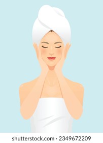 Beauty Girl Take Care of her Face and Applying Cosmetic. Skin Care Routine, Hygiene and Moisturizing Concept. Flat Vector Illustration and Icons set.