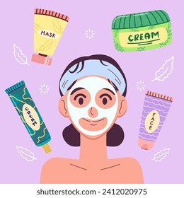 Beauty girl take Care of her Face with face mask. Bottles and tubes with cosmetics. Skin Care Routine, Hygiene and Moisturizing Concept. Flat Vector Illustration.