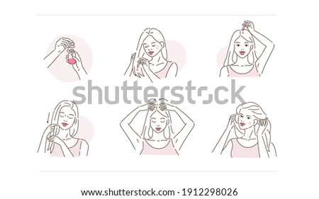 Beauty Girl Take Care of her Damaged Hair and Applying Treatment Serum on Hair Roots and Tips. Woman Making Haircare Procedures.  Beauty Haircare Routine. Flat Line Vector Illustration and Icons set.