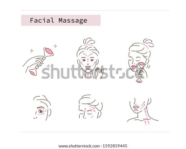 Beauty\
Girl Take Care of her Face and Use Facial Roller. Adorable Woman\
Making Skincare Procedures. Skin Care Facial Massage and Relaxation\
Concept. Flat Vector Illustration and Icons\
set.
