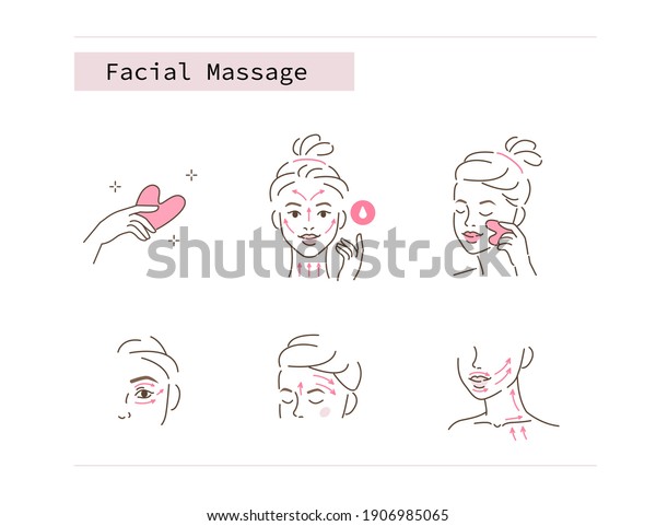 Beauty Girl Take Care of her Face and Use Facial
Jade Stone for Gua Sha Massage. Woman Making Skincare Procedures.
Skin Care Facial Massage and Relaxation Concept. Flat Vector
Illustration and
Icons.
