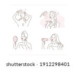 Beauty Girl Taking Care about her Skin and making Spa Procedures. Woman Taking a Shower in her Bathroom, Applying Cream at her Face, Drying  Hair. Flat Line Vector Illustration and Icons set.
