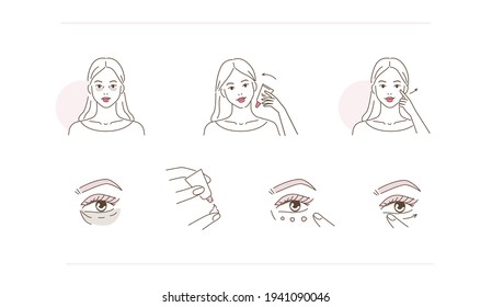 
Beauty Girl Taking Care of her Under Eye Skin and Applying Eye Cream. Woman Making Treatment against Dark Circles. Beauty Skincare Routine. Flat Line Vector Illustration and Icons set.