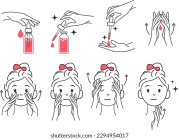 Niña de belleza cuidando su cara y aplicando cosméticos, aplicación de suero, Aceite, Chica haciendo masajes faciales, rutina de cuidados de la piel, higiene, hidratación, concepto de ilustración de vector plano y conjunto de iconos.