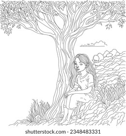 Beauty girl with tree coloring page