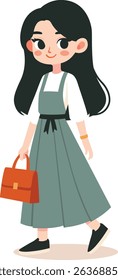 Beauty girl wear a long dress with a bag