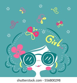 Beauty girl wearing sunglasses with butterflies and flowers on head vector illustration.