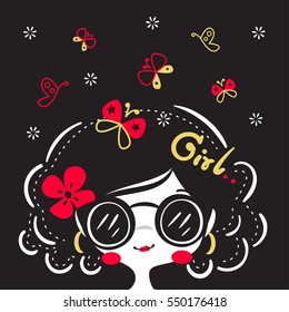 Beauty girl wearing sunglasses with butterfly and flower on head vector illustration.