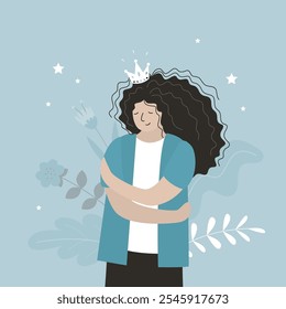 Beauty girl wears crown. Female portrait. Cute woman hugging herself, standing, love herself gently, love yourself, high self esteem, care and tenderness concept. flat vector illustration