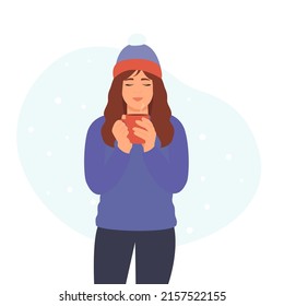 Beauty Girl in winter holding a tea or coffee cup. Winter background and snow. Vector illustration in flat style