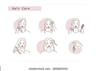 Beauty Girl Worried about Problems with her Hairs and |Scalp. Woman has Alopecia, Split Damaged Hair. Hair Loss Concept. Flat Line Vector Illustration and Icons Set.