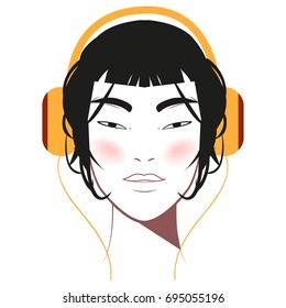 Beauty girl.Fashion illustration. Beautiful asian girl with big headphones. With modern makeup. Listens to music. Beauty concept. Beauty illustration