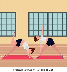 beauty girls couple practicing pilates position in the gym