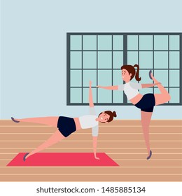 beauty girls couple practicing pilates position in the gym