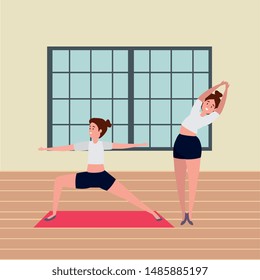 beauty girls couple practicing pilates position in the gym