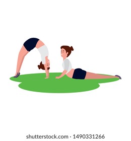 beauty girls couple practicing pilates in grass