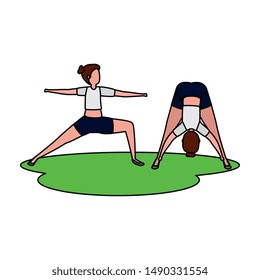 beauty girls couple practicing pilates in grass