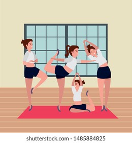 beauty girls group practicing pilates position in the gym