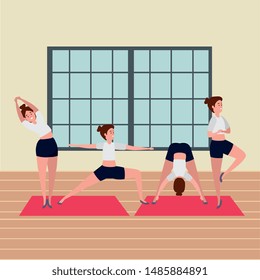 beauty girls group practicing pilates position in the gym