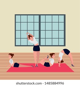 beauty girls group practicing pilates position in the gym