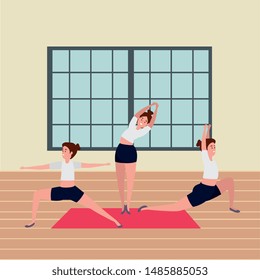 beauty girls group practicing pilates position in the gym