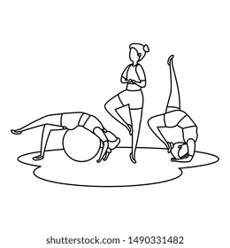 beauty girls group practicing pilates with balloon