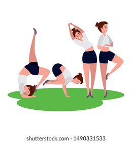 beauty girls group practicing pilates in the grass
