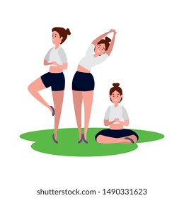 beauty girls group practicing pilates in the grass