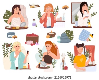 Beauty girls take care of skin and applying cosmetics on face flat cartoon vector illustrations set. Woman Making Facial Massage by Lines. Skin Care Routine, Hygiene and Moisturizing Concept.