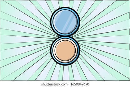 Beauty glamorous mirror with a powder box for makeup and beauty guidance on a background of abstract blue rays. Vector illustration.