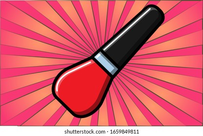 Beauty glamorous red nail polish in a glass jar for manicure and beauty guidance on a background of abstract red rays. Vector illustration.
