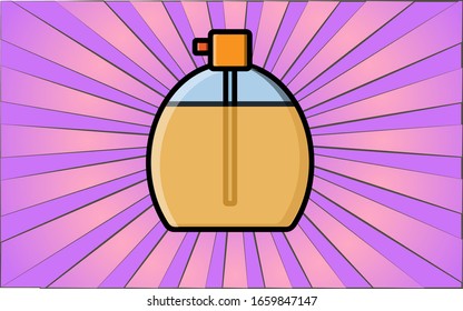 Beauty glamorous yellow perfume in a glass bottle for beauty guidance on a background of abstract purple rays. Vector illustration.