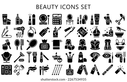 beauty glyph icons set. contain such as cream, pedicure, hair treatment, cosmetic, brush and more. Vector EPS 10 ready convert to SVG. use for modern concept, UI or UX kit, web and app.