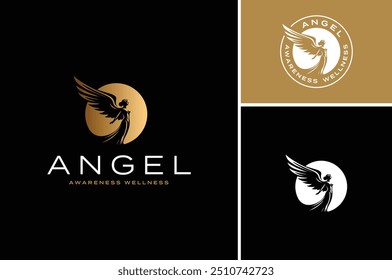 A beauty goddess or Fairy with wings standing in front of golden moon. Silhouette of Ancient Roman Greek Woman Angel sculpture statue elegant logo design 