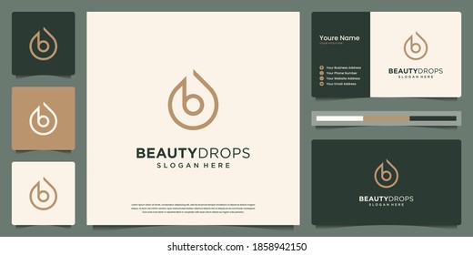 Beauty gold water drop and olive oil white minimal initial b line logo and business card design