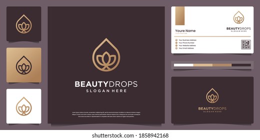 Beauty gold water drop and olive oil white minimal leaf line art logo and business card design