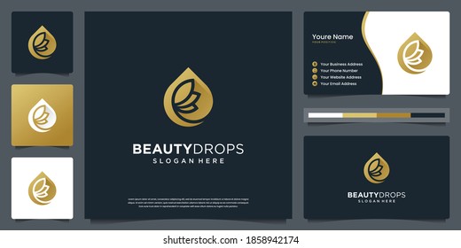 Beauty gold water drop and olive oil white luxury leaf logo and business card design