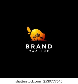 Beauty Golden Mango Beach Logo Design. Coconut Tree and Bird Silhouette in Ripe Golden Mango Logo Design.