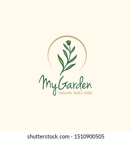 Beauty Grass Flower Leaf with golden circle for Garden Backyard Plant logo design