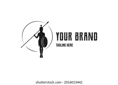 Beauty Greek Roman Goddess Minerva Silhouette with Shield and Spear Logo Design Vector