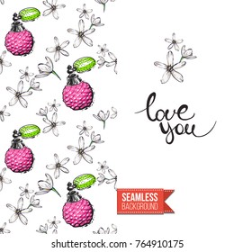 Beauty greeting card illustrated in fashion magazine style. Seamless pattern background with natural fashion accessories for makeup. Inscription: love you. Vector template.